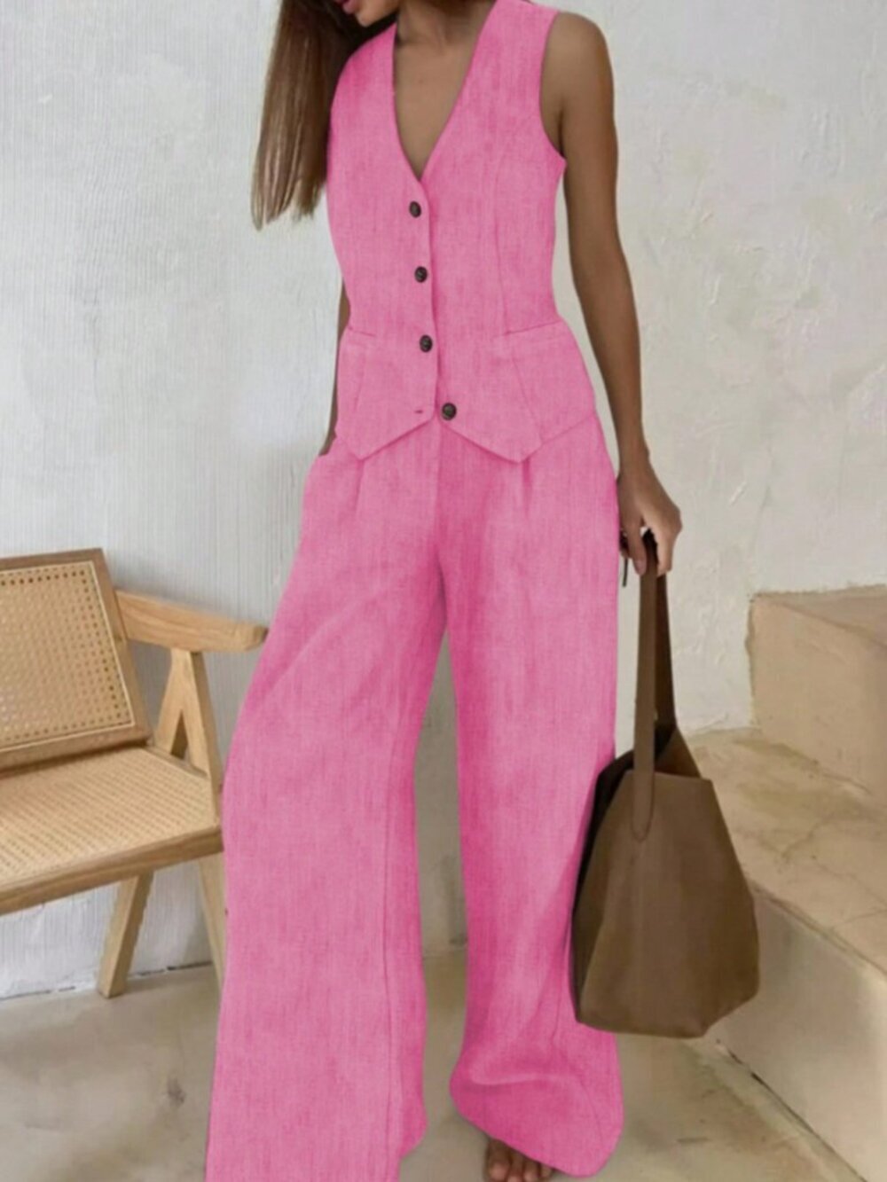 Pink Modest Women's Button V-Neck Vest Top And High Waist Wide Leg Pants Set
